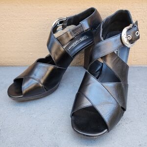 Brighton Vogue Leather Heel 8 Black Stacked Silver Scroll Buckle Italy Made EUC
